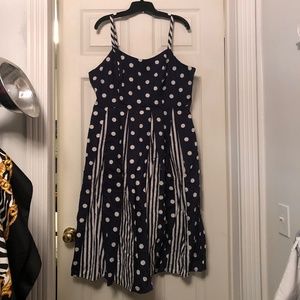 Modcloth Navy Blue Polka Dot and Stripe Fit and Flare Dress Size 16